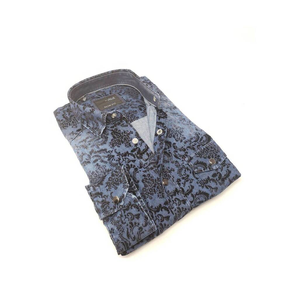 NEW EIGHT X men's snap button denim shirt with flocking in navy
